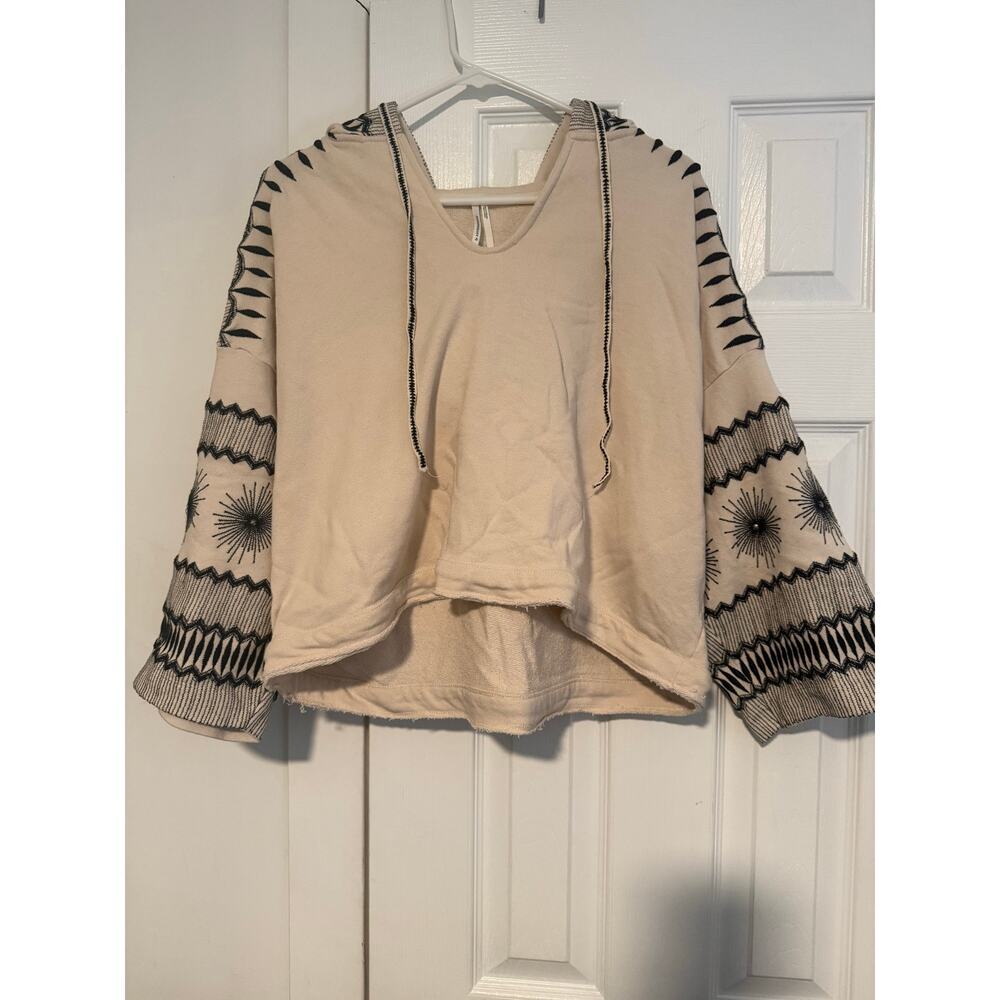 Anthropologie Embroidered Cropped Cream Hoodie Small - Picture 2 of 10